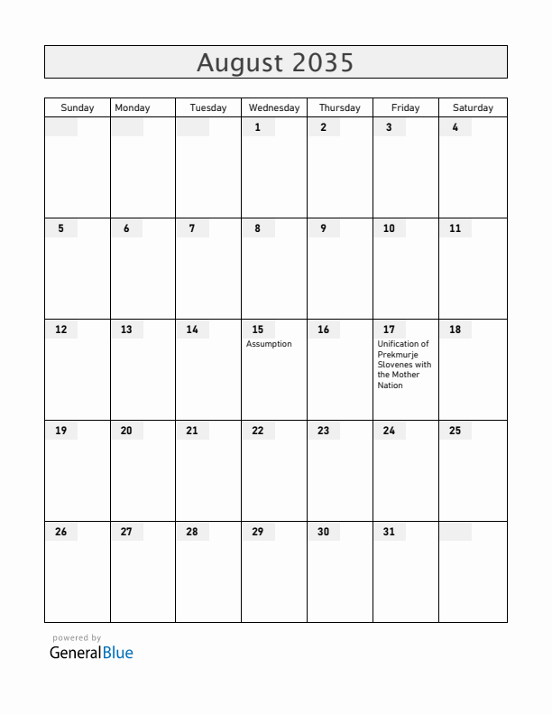 Slovenia August 2035 Calendar with Holidays