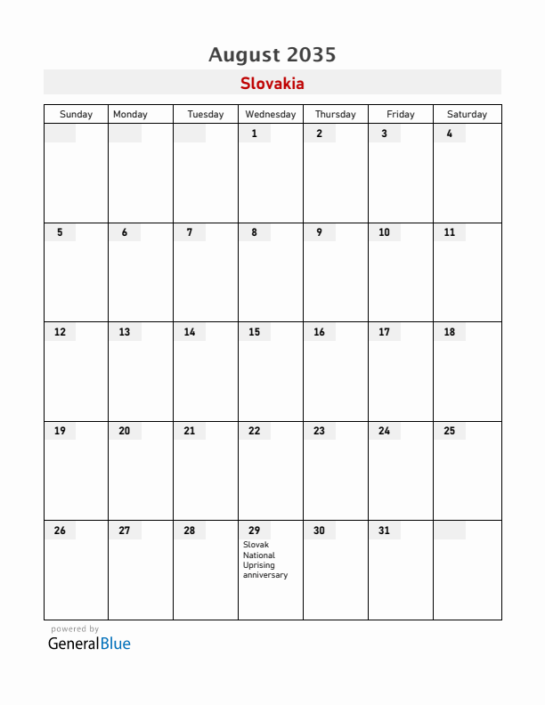 Slovakia August 2035 Calendar with Holidays