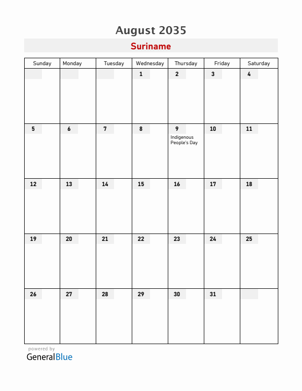 Suriname August 2035 Calendar with Holidays