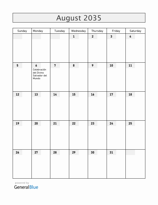 El Salvador August 2035 Calendar with Holidays