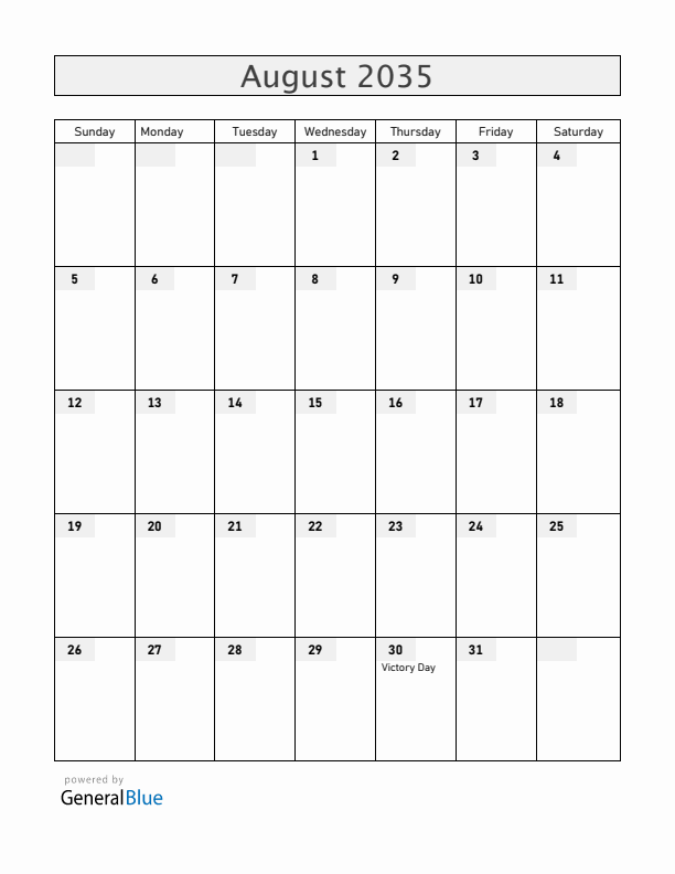 Turkey August 2035 Calendar with Holidays