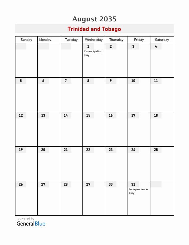 Trinidad and Tobago August 2035 Calendar with Holidays