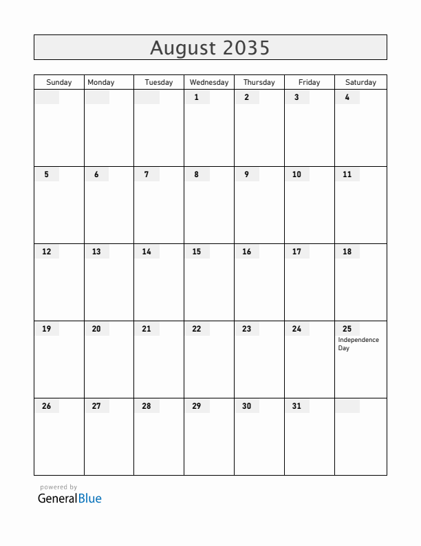 Uruguay August 2035 Calendar with Holidays