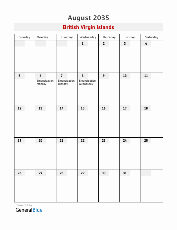 British Virgin Islands August 2035 Calendar with Holidays