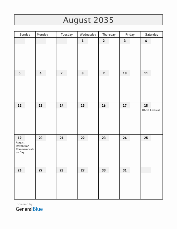 Vietnam August 2035 Calendar with Holidays