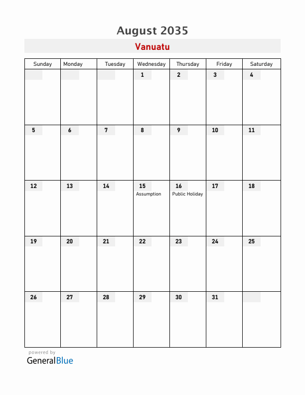 Vanuatu August 2035 Calendar with Holidays