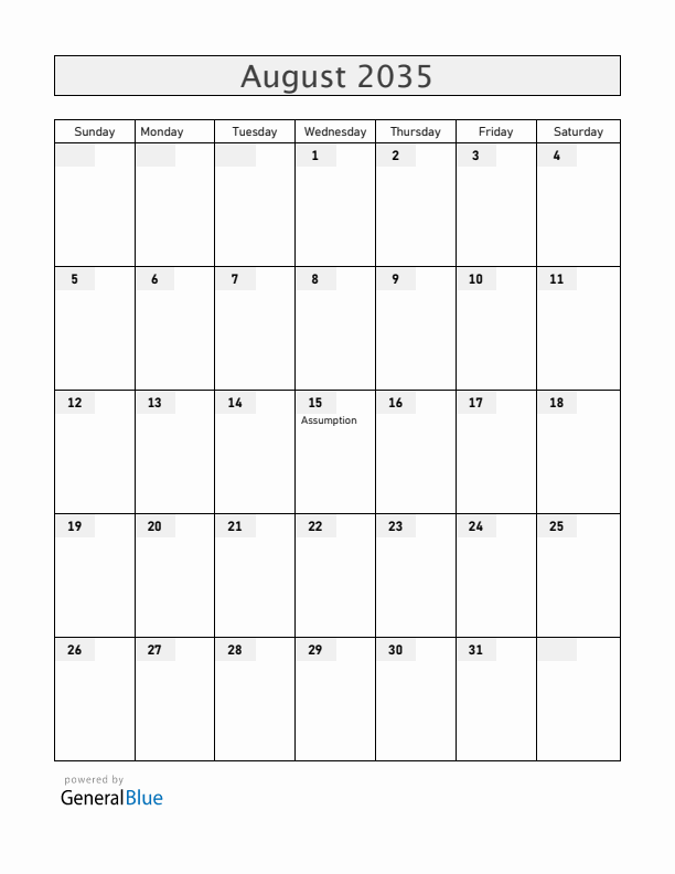 Mayotte August 2035 Calendar with Holidays