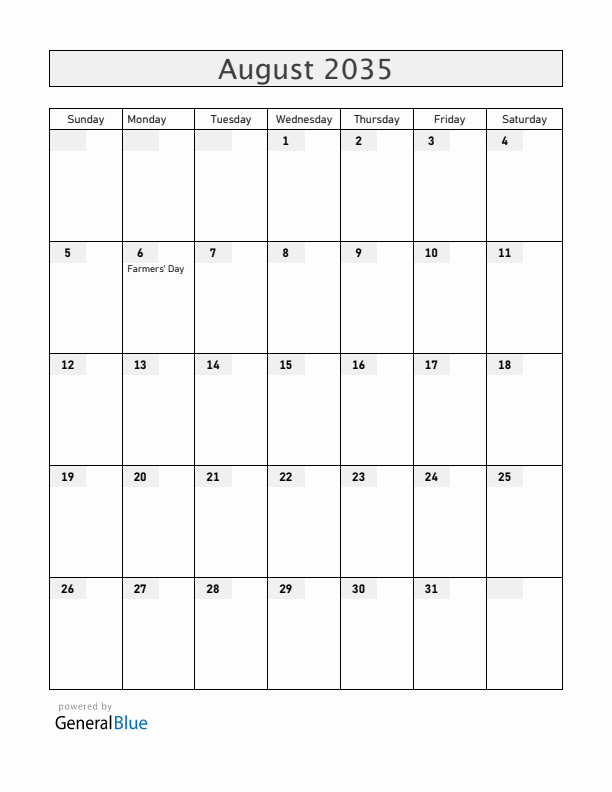 Zambia August 2035 Calendar with Holidays
