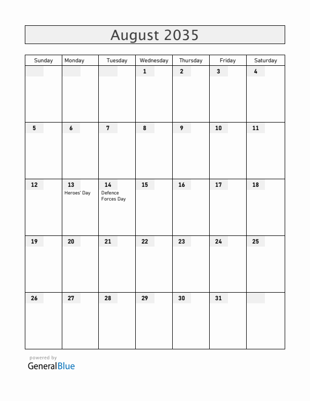 Zimbabwe August 2035 Calendar with Holidays