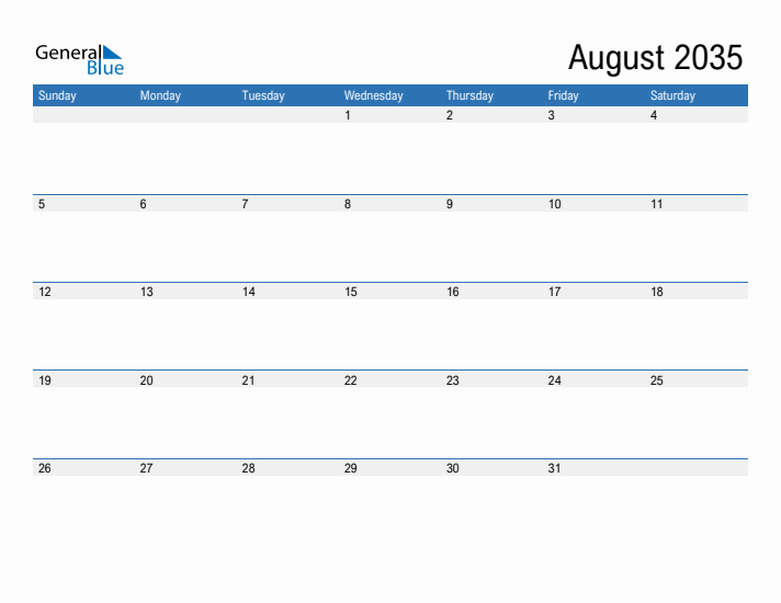 Fillable Calendar for August 2035