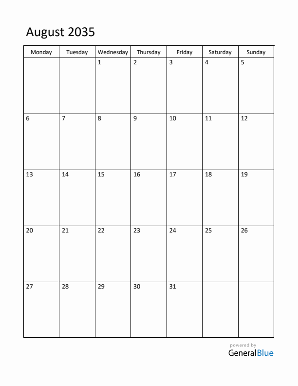 Monday Start Calendar for August 2035