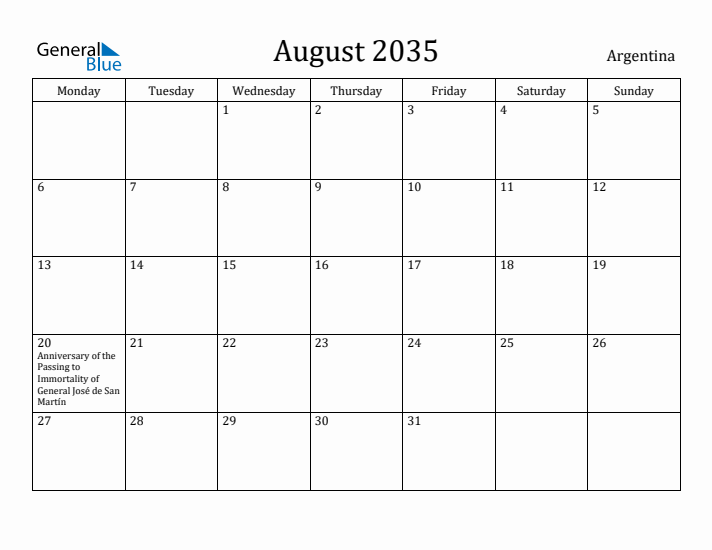 August 2035 Calendar Argentina