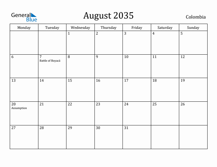 August 2035 Calendar Colombia