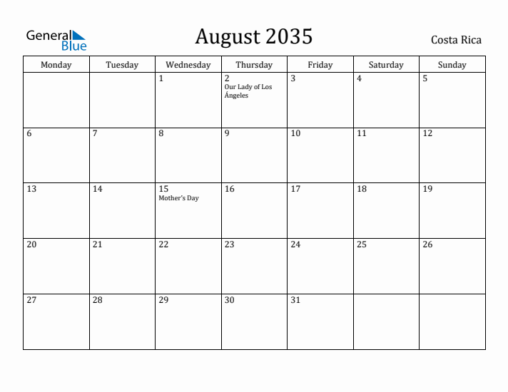 August 2035 Calendar Costa Rica