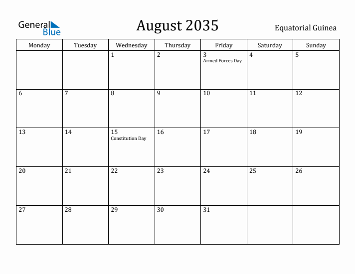 August 2035 Calendar Equatorial Guinea