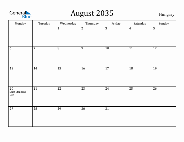 August 2035 Calendar Hungary