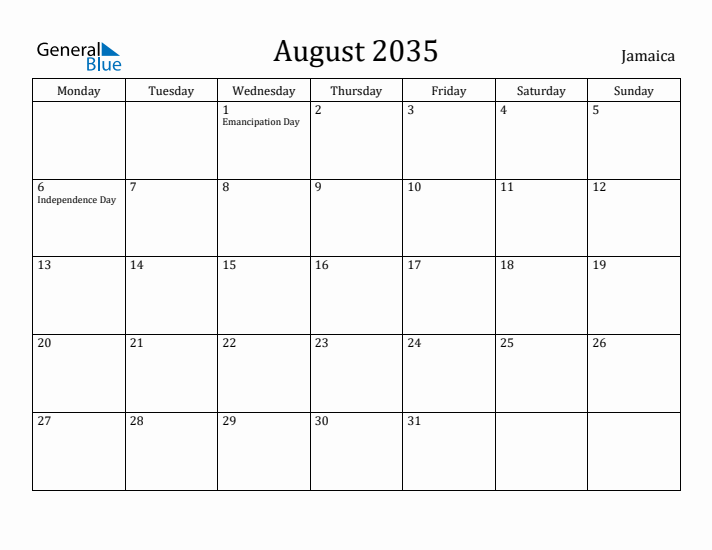 August 2035 Calendar Jamaica