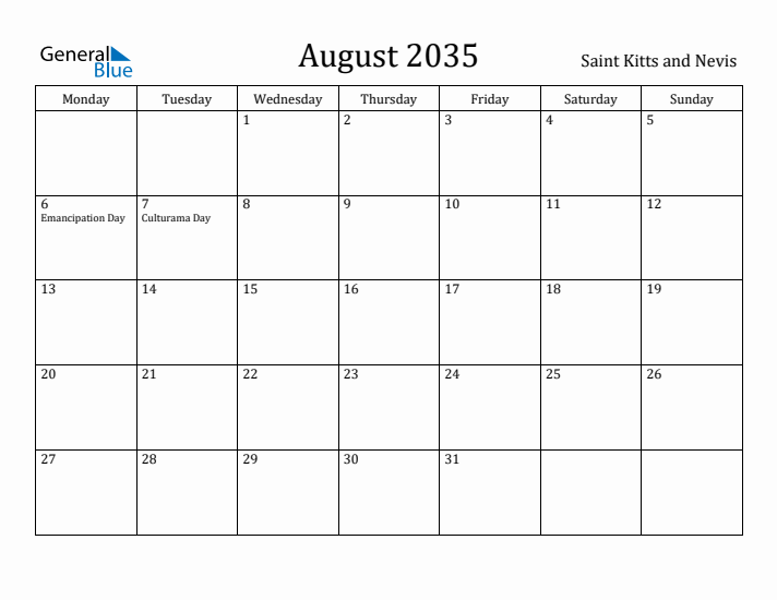 August 2035 Calendar Saint Kitts and Nevis