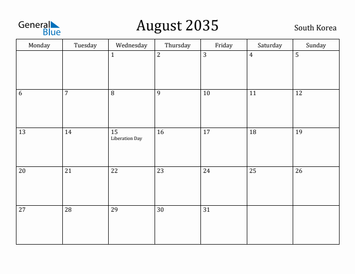 August 2035 Calendar South Korea