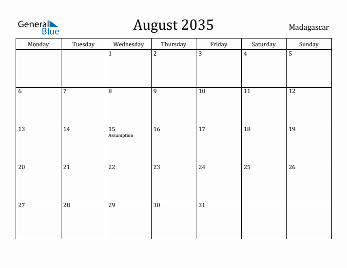 August 2035 Calendar Madagascar