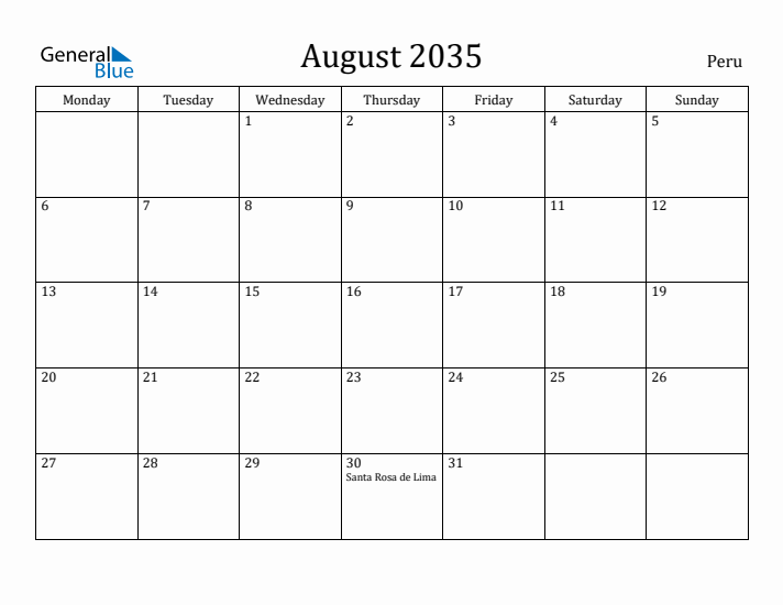 August 2035 Calendar Peru