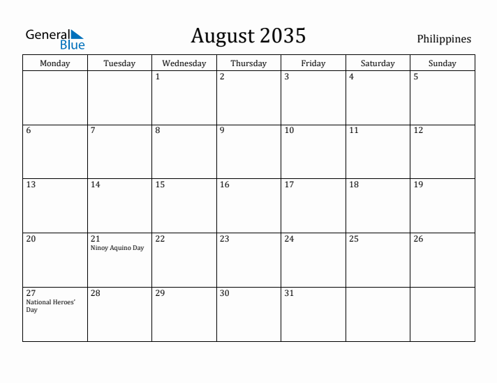 August 2035 Calendar Philippines
