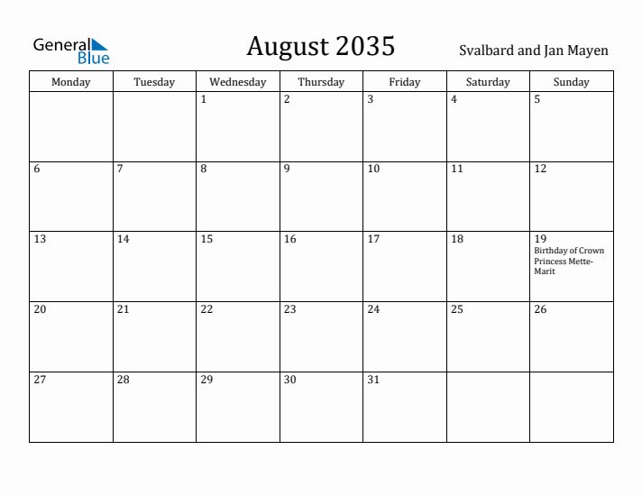 August 2035 Calendar Svalbard and Jan Mayen