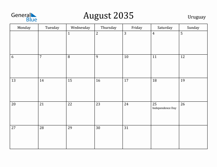 August 2035 Calendar Uruguay
