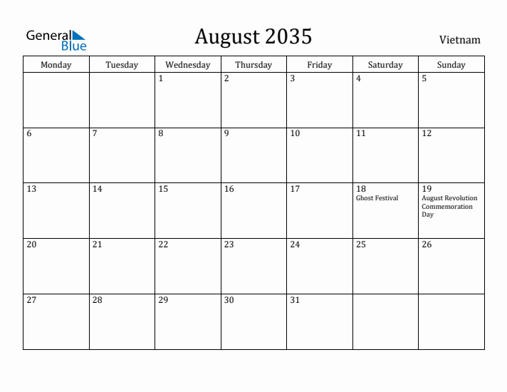 August 2035 Calendar Vietnam