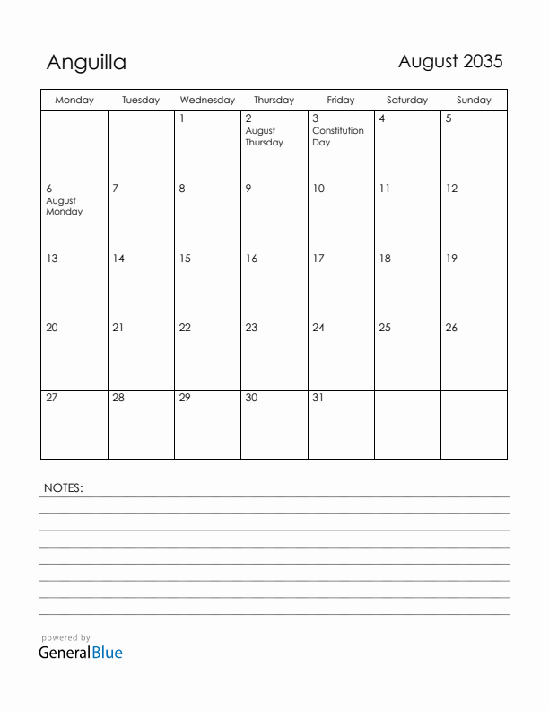 August 2035 Anguilla Calendar with Holidays (Monday Start)