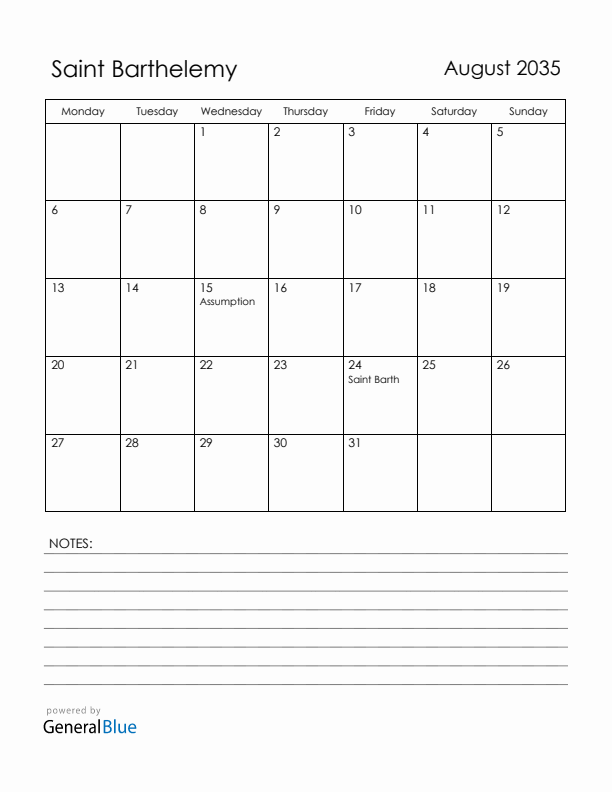 August 2035 Saint Barthelemy Calendar with Holidays (Monday Start)