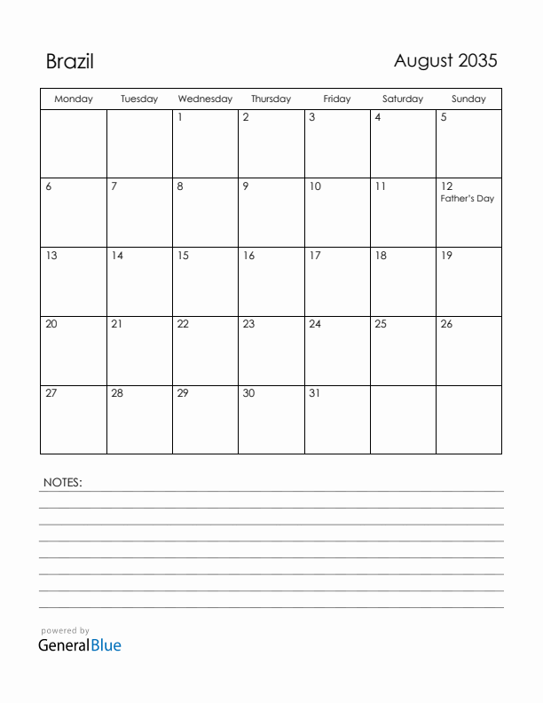 August 2035 Brazil Calendar with Holidays (Monday Start)