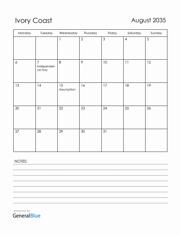 August 2035 Ivory Coast Calendar with Holidays (Monday Start)