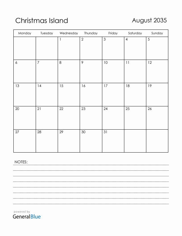 August 2035 Christmas Island Calendar with Holidays (Monday Start)