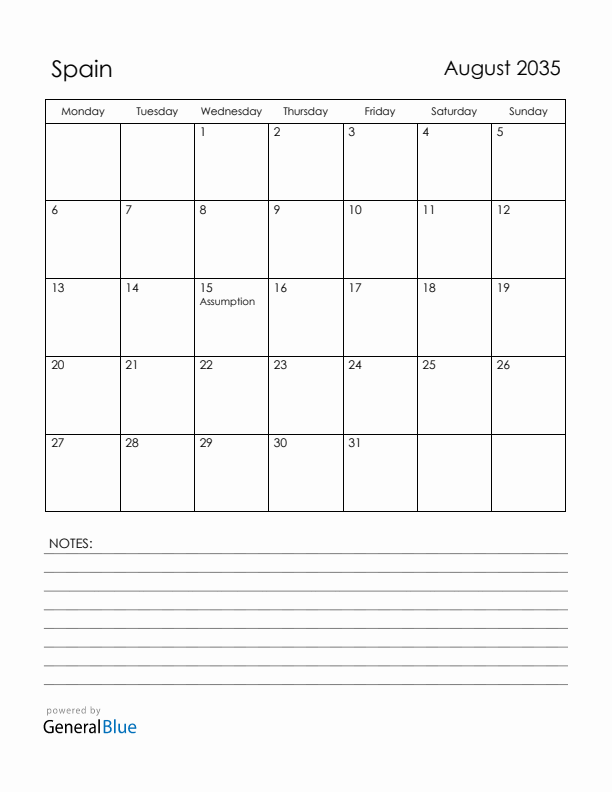 August 2035 Spain Calendar with Holidays (Monday Start)