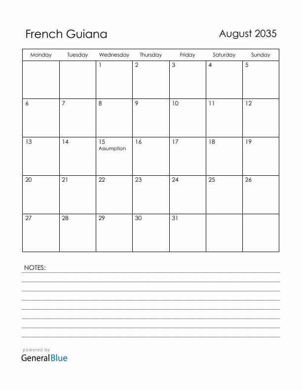 August 2035 French Guiana Calendar with Holidays (Monday Start)