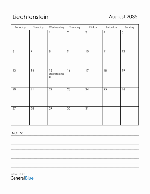 August 2035 Liechtenstein Calendar with Holidays (Monday Start)