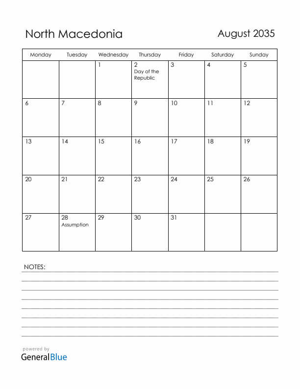 August 2035 North Macedonia Calendar with Holidays (Monday Start)