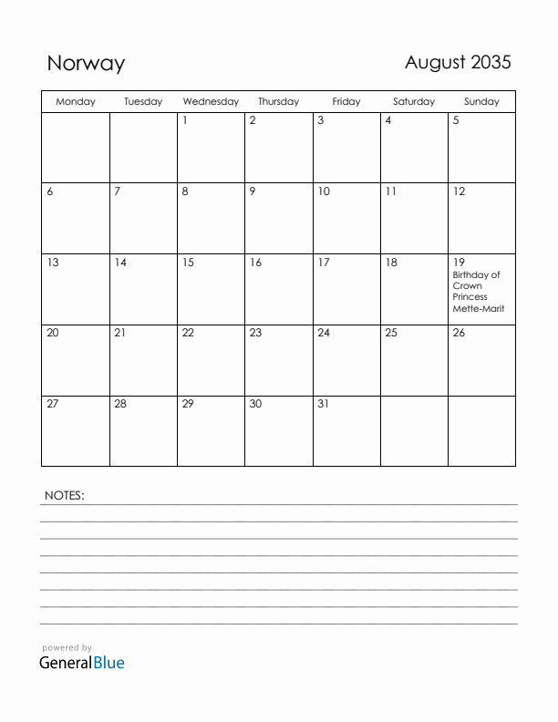 August 2035 Norway Calendar with Holidays (Monday Start)