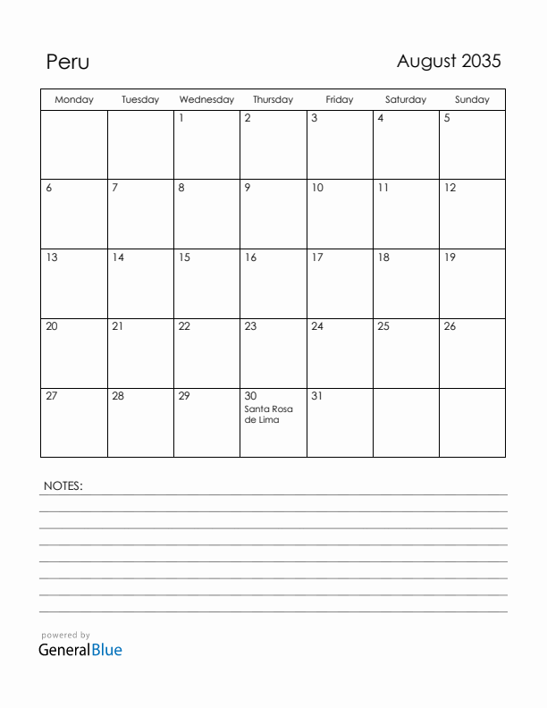 August 2035 Peru Calendar with Holidays (Monday Start)