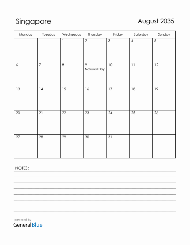 August 2035 Singapore Calendar with Holidays (Monday Start)