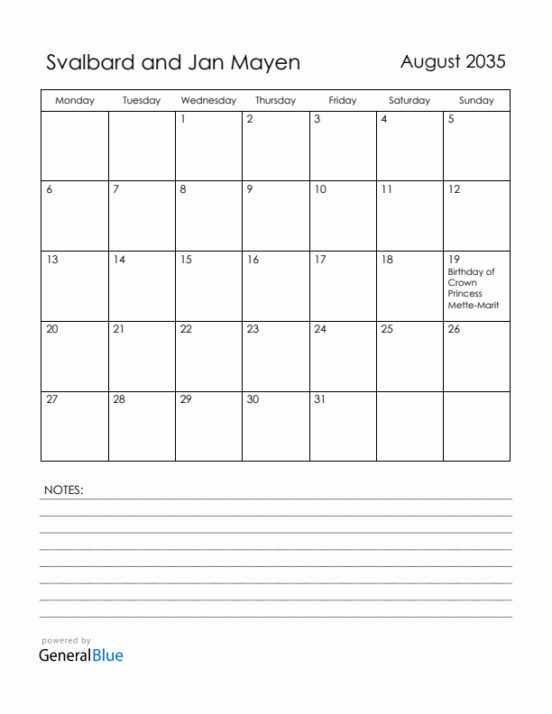August 2035 Svalbard and Jan Mayen Calendar with Holidays (Monday Start)