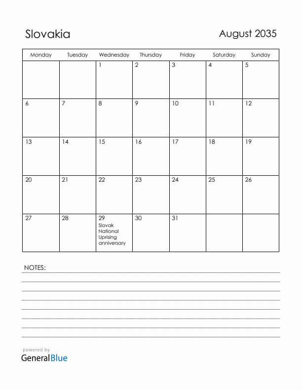 August 2035 Slovakia Calendar with Holidays (Monday Start)