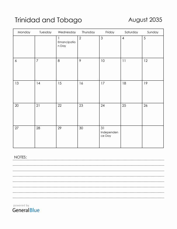August 2035 Trinidad and Tobago Calendar with Holidays (Monday Start)