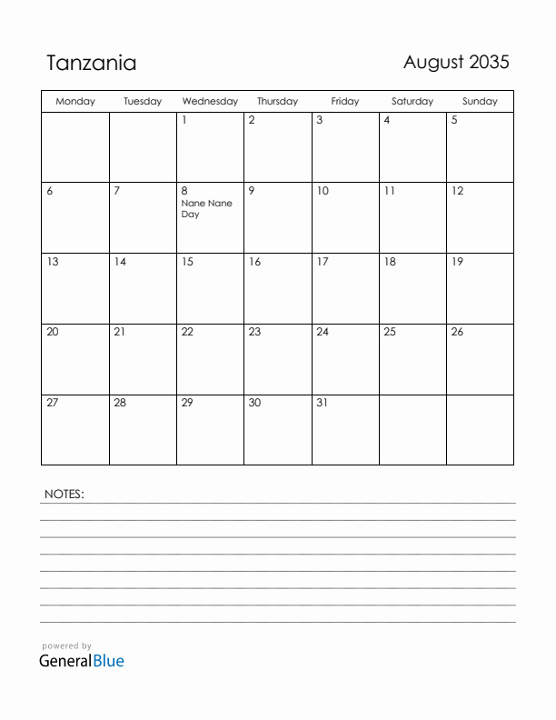 August 2035 Tanzania Calendar with Holidays (Monday Start)