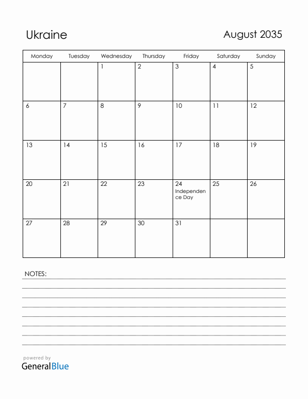 August 2035 Ukraine Calendar with Holidays (Monday Start)
