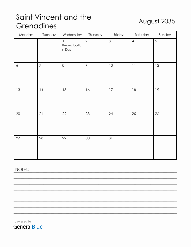 August 2035 Saint Vincent and the Grenadines Calendar with Holidays (Monday Start)