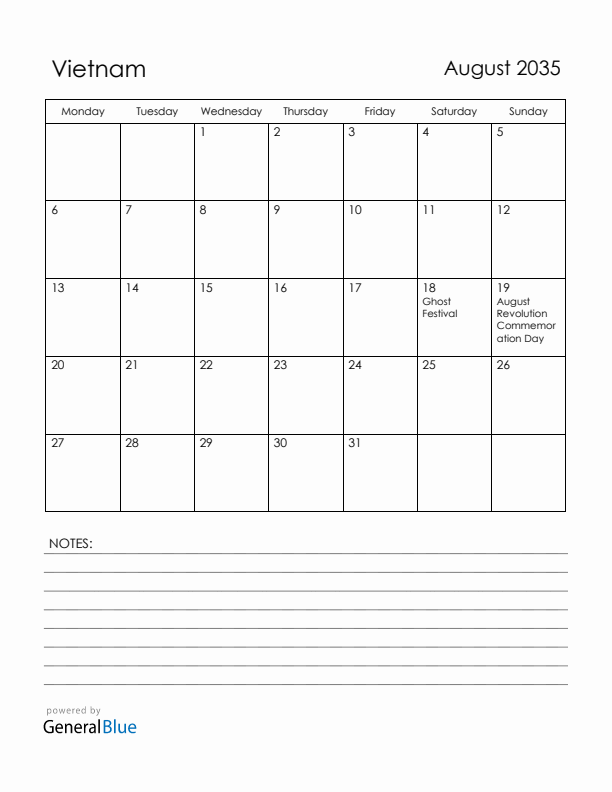 August 2035 Vietnam Calendar with Holidays (Monday Start)