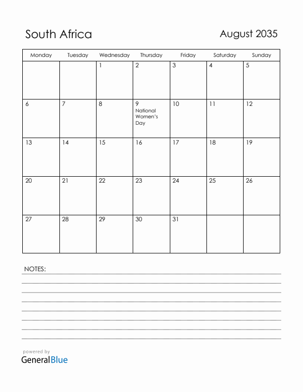 August 2035 South Africa Calendar with Holidays (Monday Start)