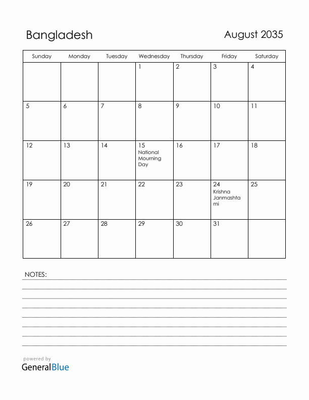 August 2035 Bangladesh Calendar with Holidays (Sunday Start)